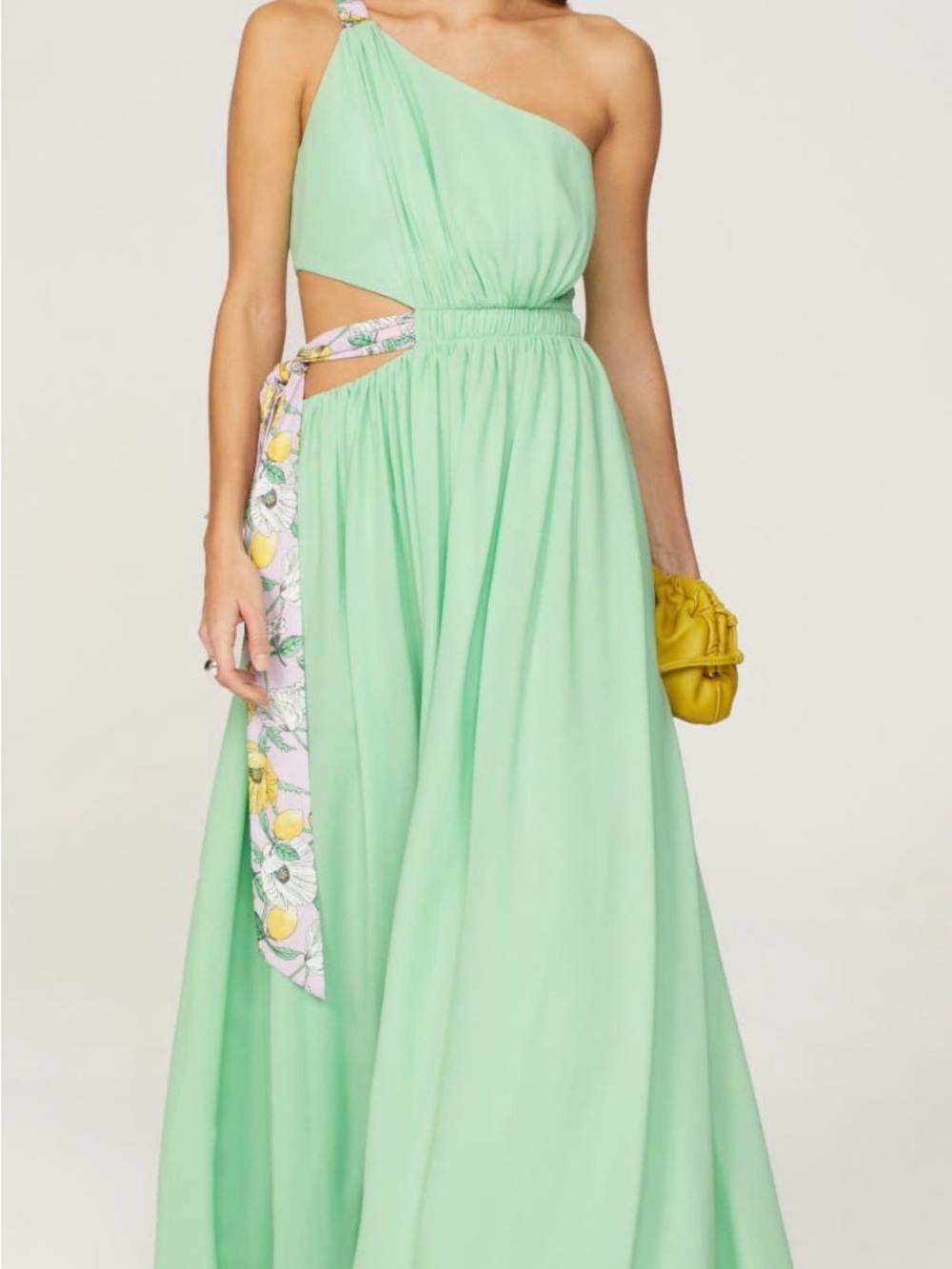 AMUR One-Shoulder Mint Green Cutout Maxi with Floral Sash